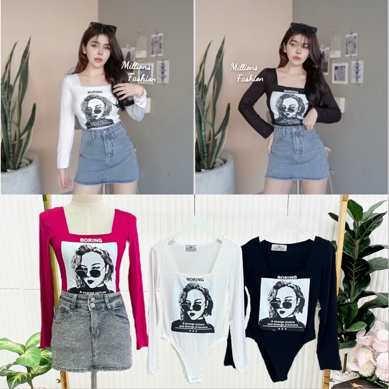 mnv_shop บอดี้สูทคอเหลี่ยมเป้าแกะได้ ผ้าเรย่อนสกรีนหน้า