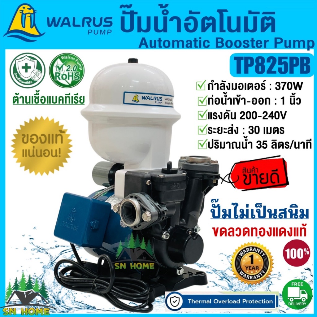 WALRUS ปั้มน้ำอัตโนมัติ Automatic Booster Pump 370W รุ่นTP825PB ปั๊มบ้าน ปั๊มน้ำออโต้ ปั๊มน้ำไม่เป็น