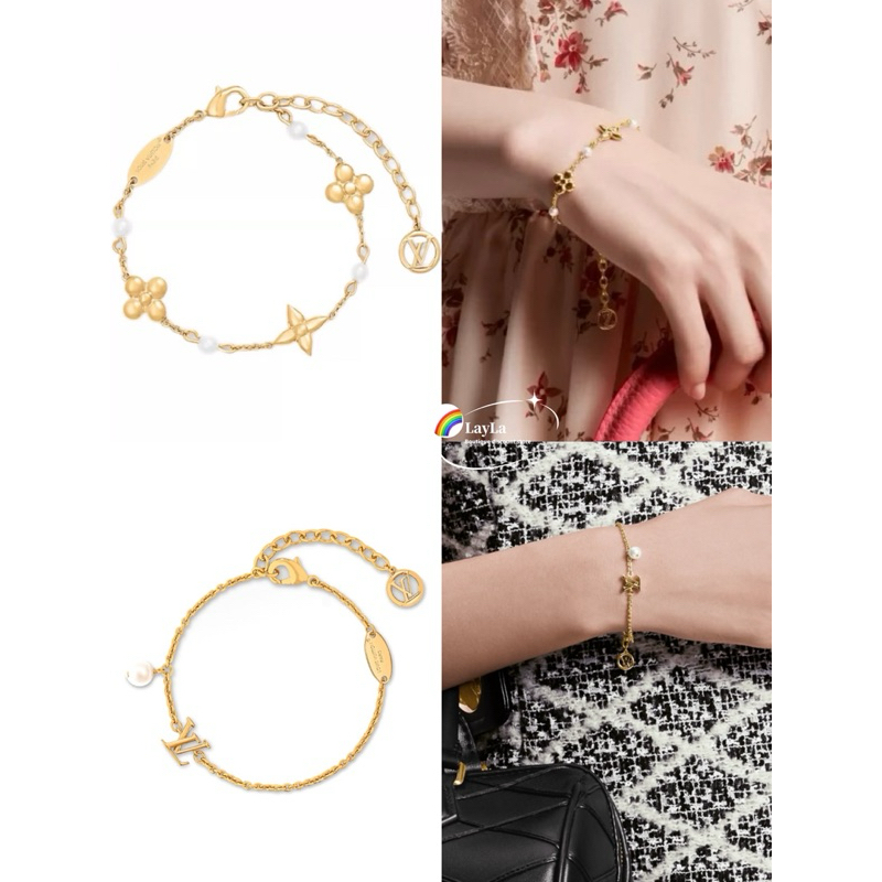 🌈 ของแท้ Louis Vuitton / LV เลดี้เรซิ่นลูกปัดประดับดอกไม้สร้อยข้อมือโซ่บาง