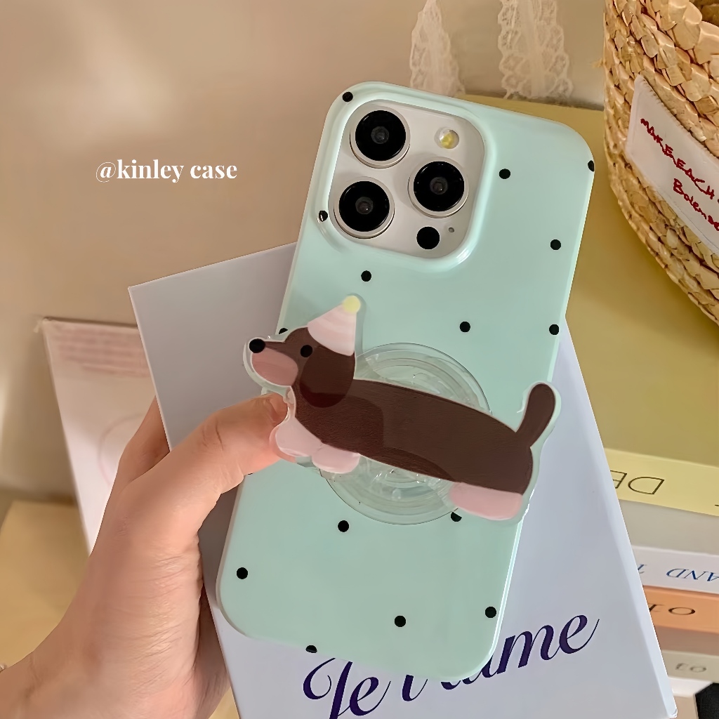 จัดส่ง24ชม iPhone 15 14 13 12 11 Pro max case for เคสไอโฟน11 บางเบาพกพาง่าย การ์ตูน ลายจุด ลูกสุนัข พร้อมขาตั้ง case