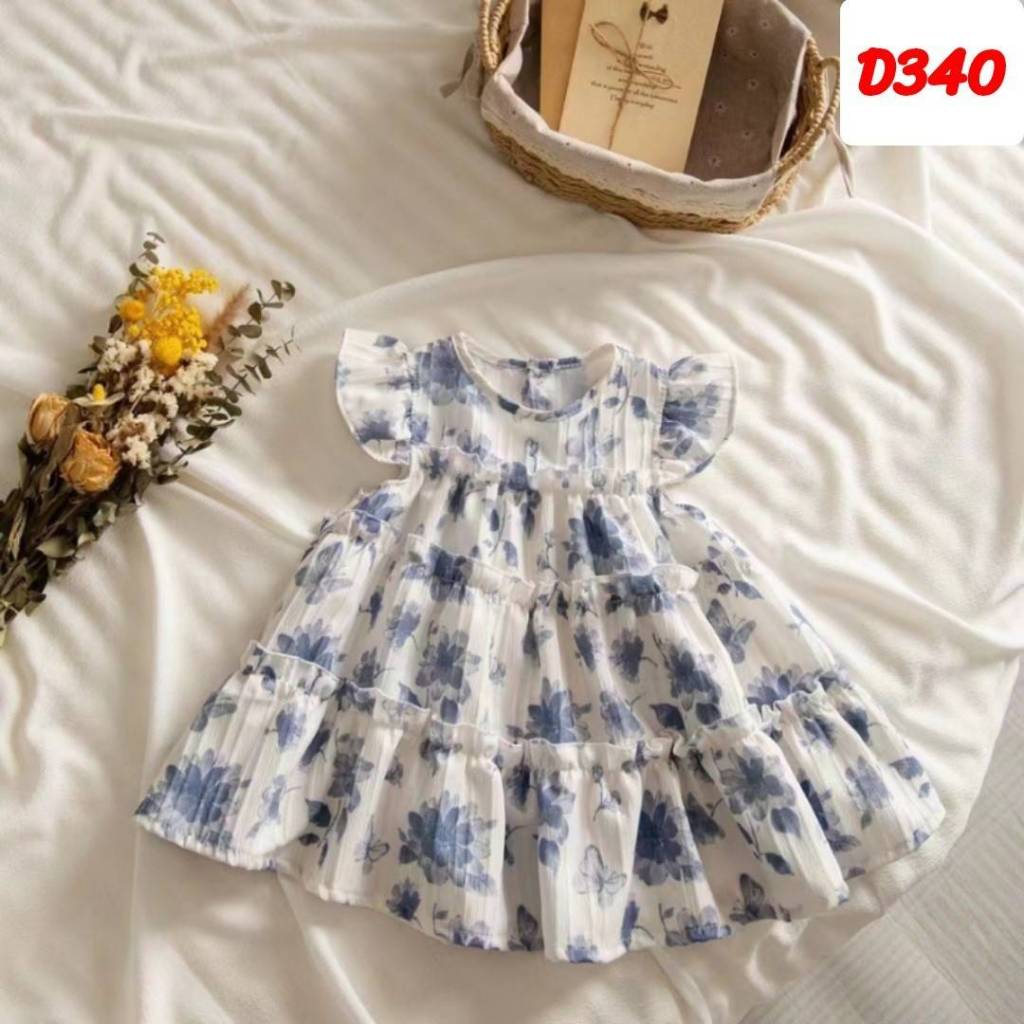 [พร้อมส่ง ]​ ชุดเดรสเด็กหญิงกระโปรงจีบลายดอกสีฟ้าคราม