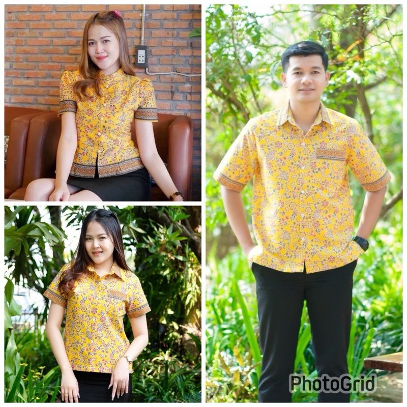 เสื้อปาเต๊ะ สีเหลือง ลายพัด ชาย หญิง (อัดกาว)