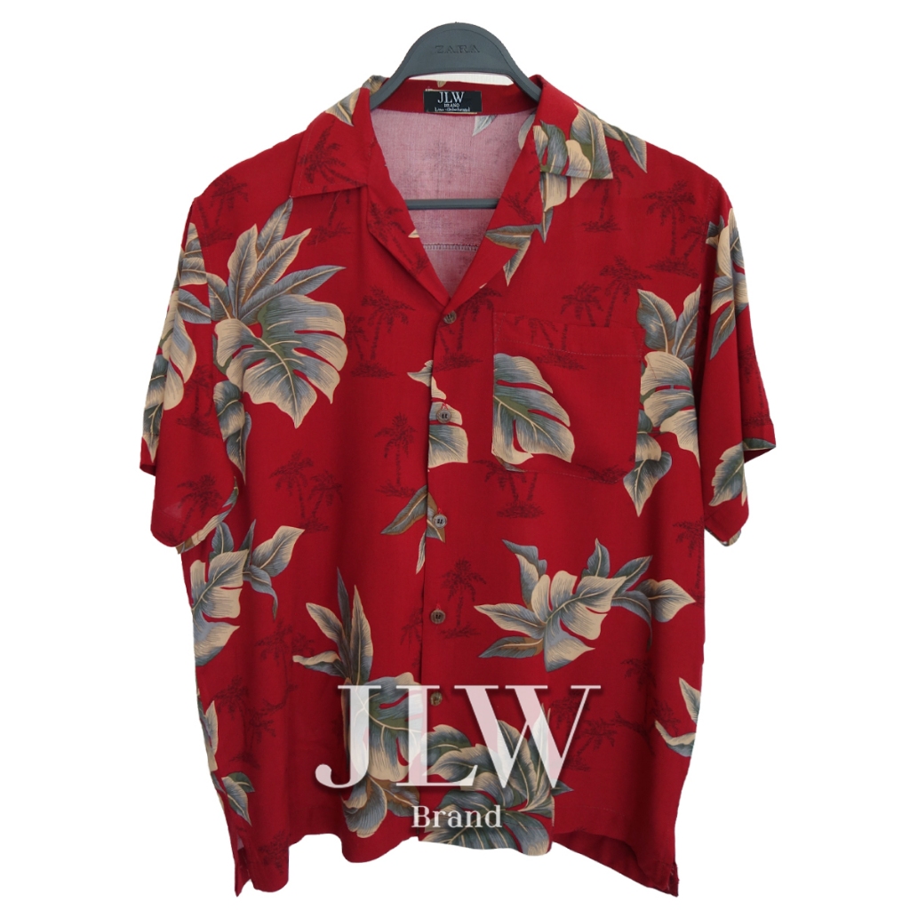 เสื้อฮาวาย ลายมอนสเตอล่าเล็ก แดง ผ้านิ่มใส่สบาย JLW BRAND ผ้าเรย่อน