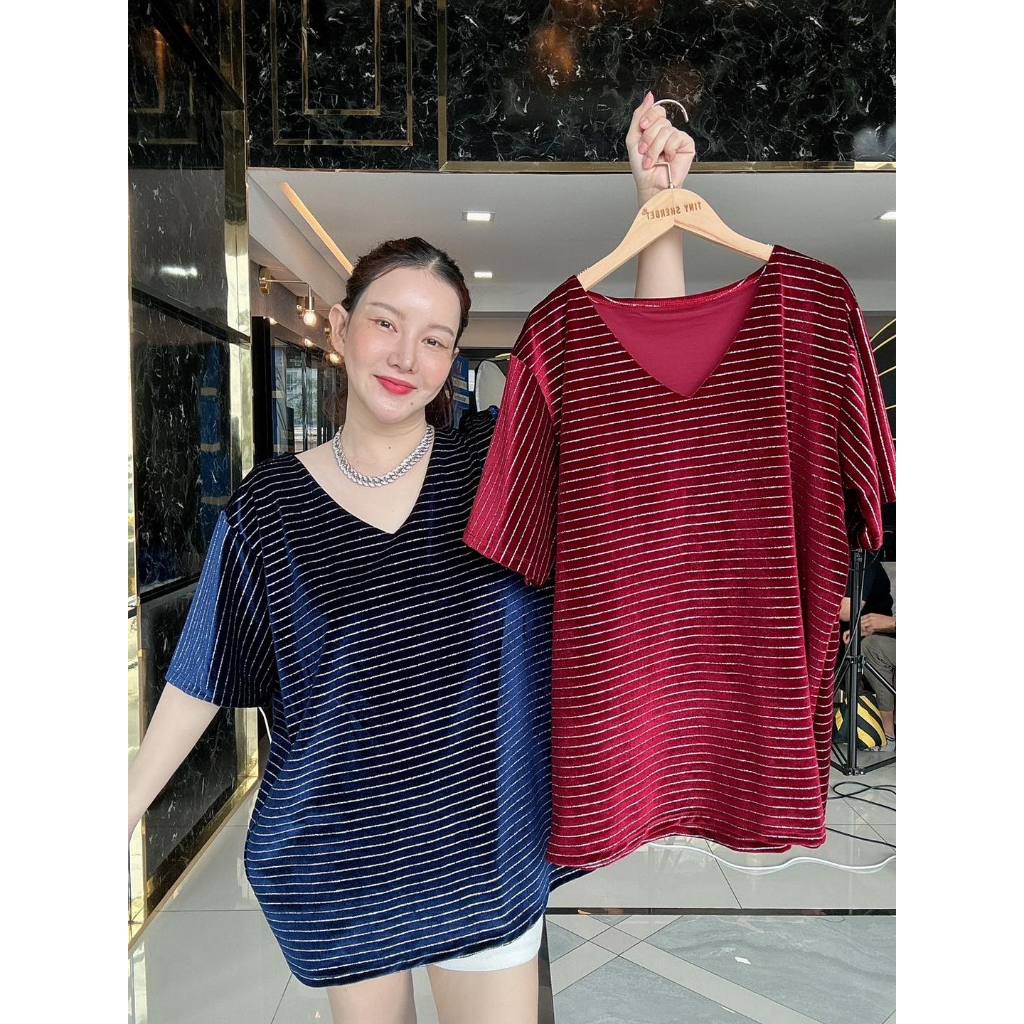 New in เสื้อคอวีแต่งกลิตเตอร์ลายทางสไตล์เกาหลี ผ้านิ่มมาก ใส่สบาย พรางหุ่นดีมาก สวยหรู ดูดีเว่อร์ E38 - Tinysherbet