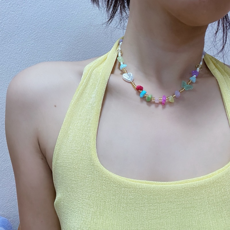 สร้อยลูกปัดสีหวาน+มุกเทียมรูปหัวใจ