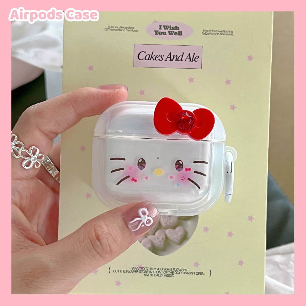 สินค้าใหม่ เคส สำหรับ Airpods 3 เคสหูฟัง AirPods 1/2/3/Pro/Pro2 เคสป้องกันการหล่น การ์ตูน Hello Kitty โบว โปร่งใส case