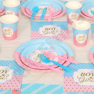 (พร้อม ส่งจากไทย ) จานช้อน ซ้อม และผ้าปูโต๊ะ จัดปาร์ตี้ทายเพศ girl or boy gender reveal party cutery แยกชิ้น(B45)