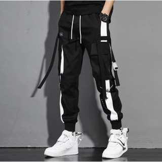 (KZ-26)ผู้ชายแฟชั่นผู้หญิงสบายหลวม ๆ กางเกงขายาว เอวยางยืด แต่งแถบข้าง