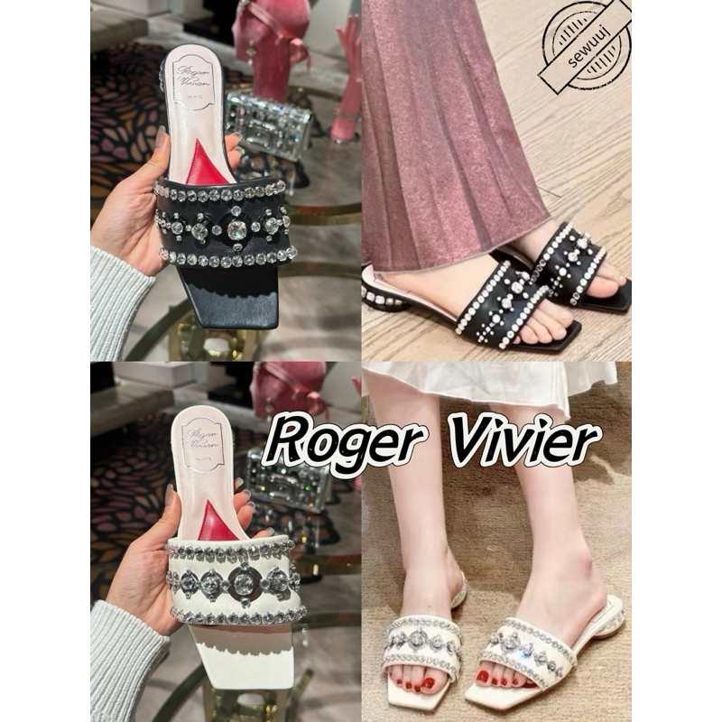 รองเท้าแตะแฟชั่นเลื่อมเพชรหนัง Roger vivier ของแท้สำหรับผู้หญิง