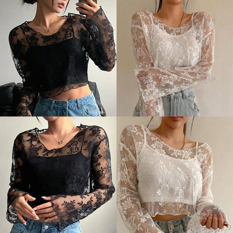 พร้อมส่ง เสื้อครอปลูกไม้แขนยาว อก 34-40นิ้ว ไม่รวมเสื้อด้านใน