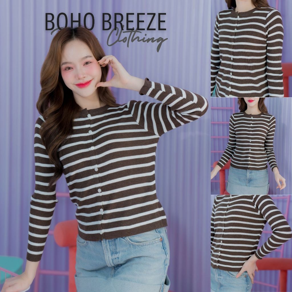 Pploy Clothing : Boho Breeze เสื้อไหมพรม แขนยาว ลายทาง ผ้าใส่สบาย