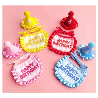 (A07-3)(ได้ทั้งชุด พร้อมส่ง!!) ผ้ากันเปื้อนสัตว์เลี้ยงงานปัก ปลอกคอ HBD+มีเลขอายุพร้อมหมวกปรับสายได้ น่ารักมากๆ