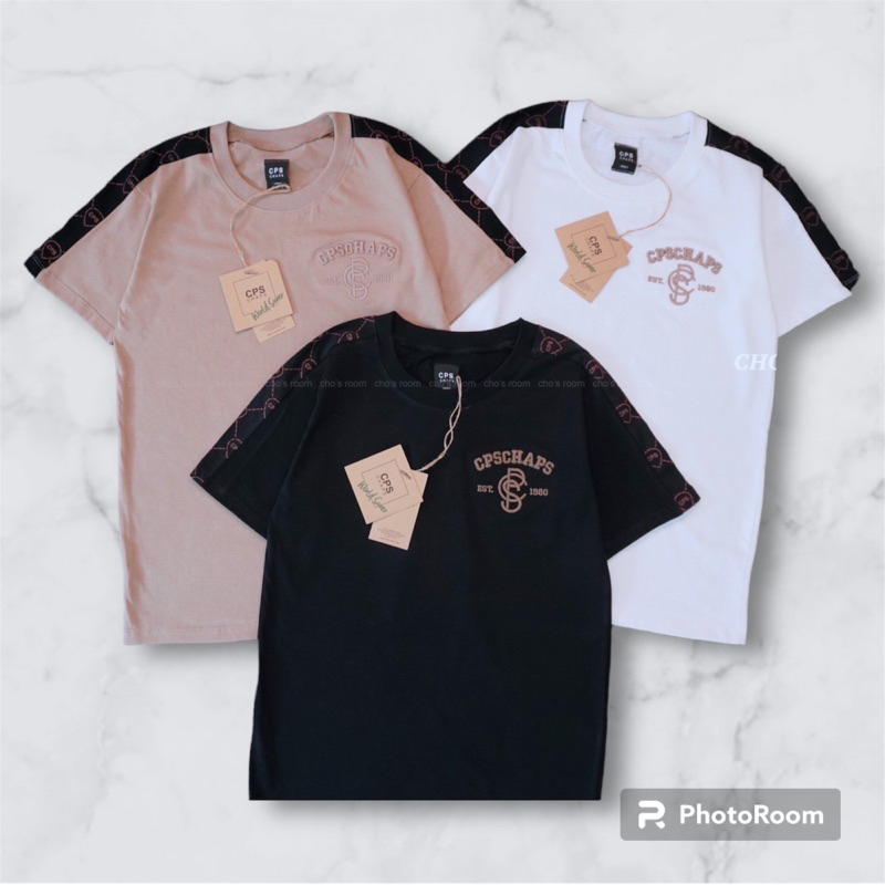 เสื้อยืดมาใหม่ เสื้อแขนสั้นงานปักcpsแต่งแถบตรงบ่า 3สีS,M,L,XL