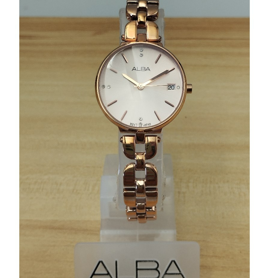 ALBA Japan Quartz นาฬิกาข้อมือหญิง สแตนเลสแท้ หน้าปัดชมพู คริสตัลSWAROVSKI รับประกัน1ปี