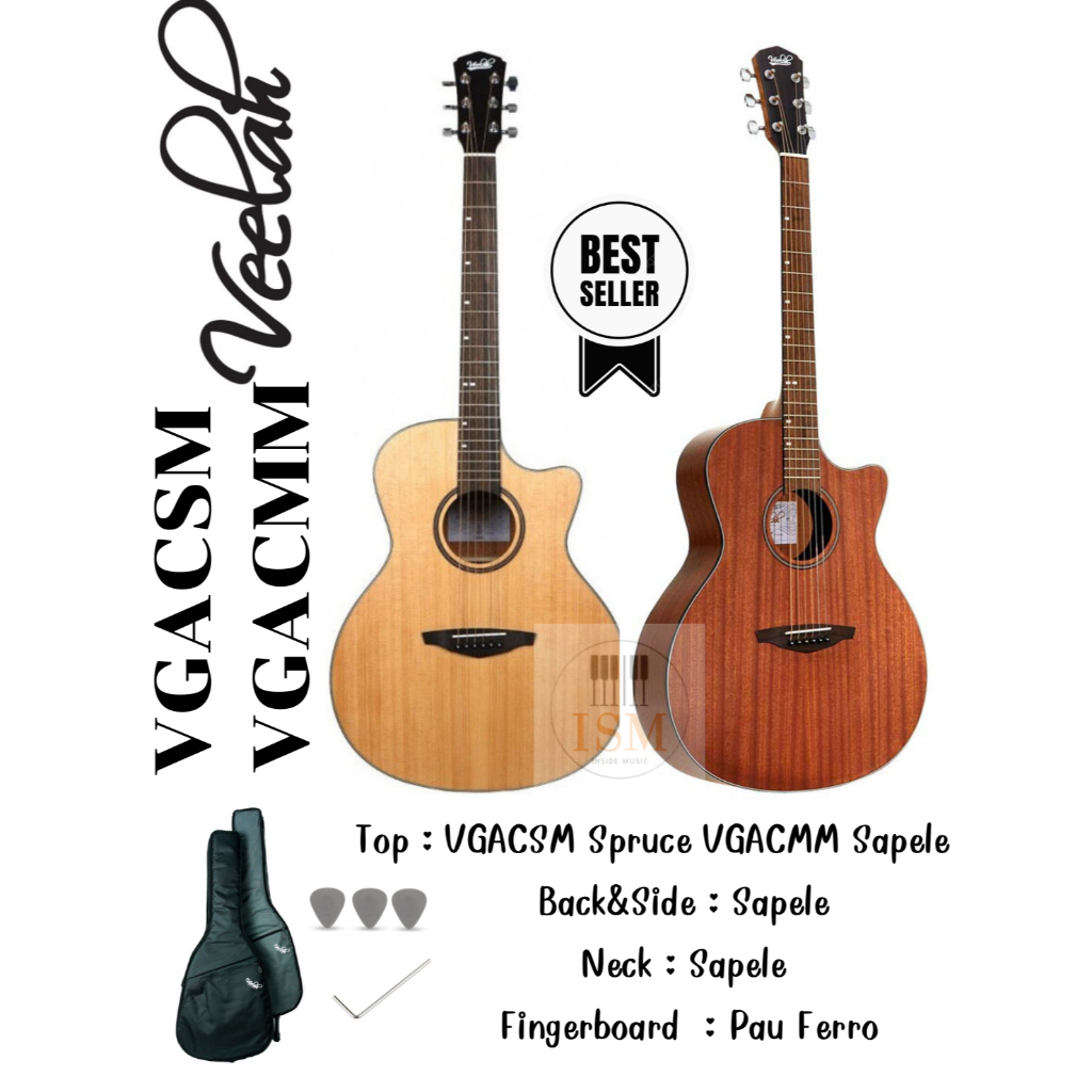 Veelah กีต้าร์โปร่ง 41" Acoustic Guitsr 41" รุ่น VGACMM VGACSM พร้อมกระเป๋าสวย + ปิ๊ก 3 อัน + ประแจ