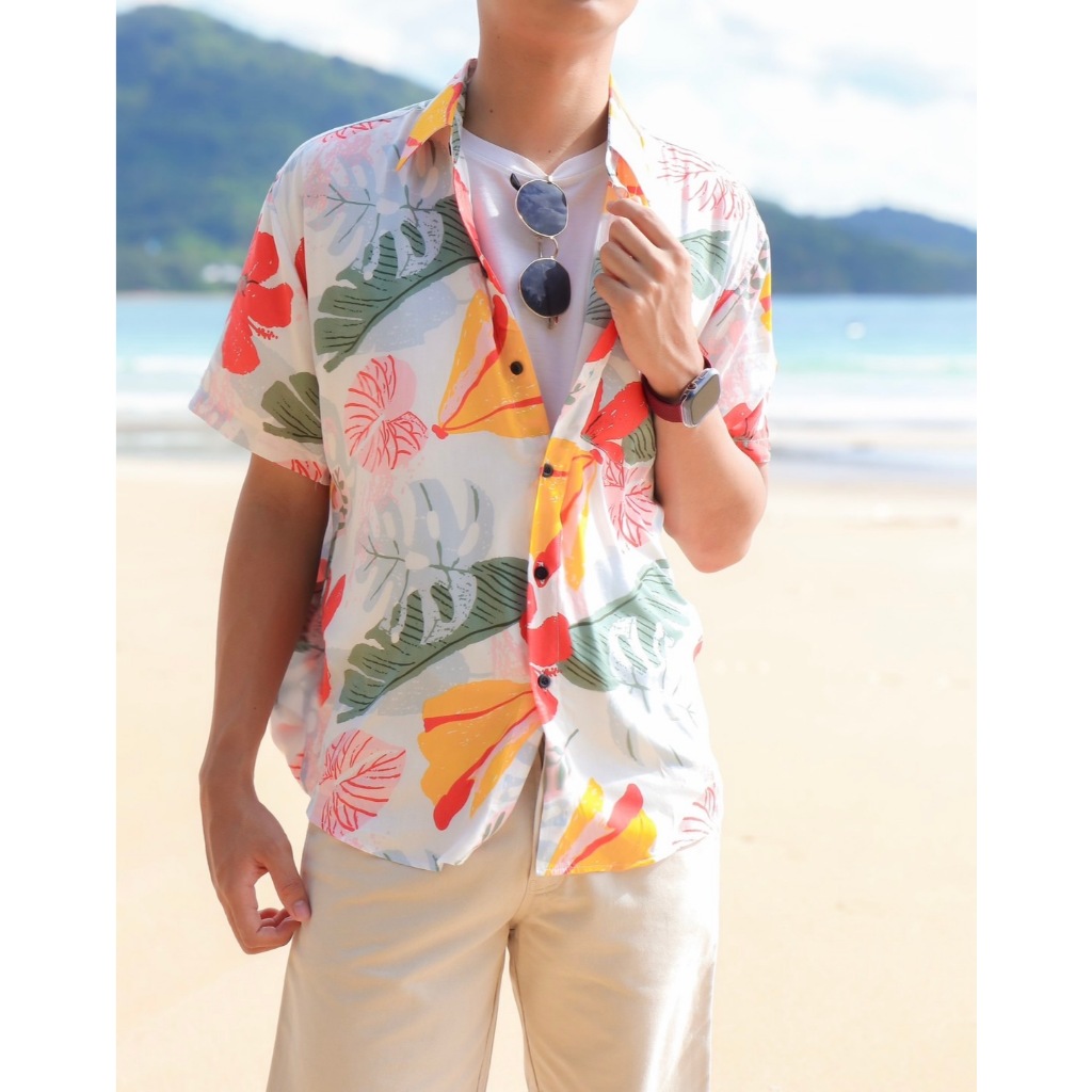 เสื้อฮาวายแขนสั้นผ้าสปันเนื้อนุ่มใส่สบาย