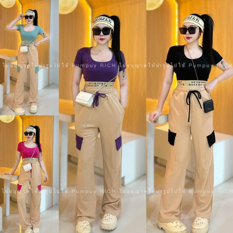Birthday Shop ชุดเซ็ตเสื้อครอปแขนสั้น-กางเกงคาร์โก้เท่ๆ(มีกระเป๋า2ข้าง) ชุดเซ็ตแฟชั่นผู้หญิง