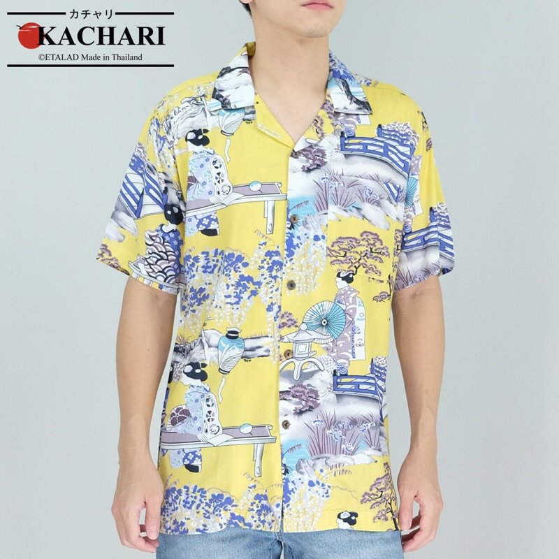 ส่งฟรี KACHARI เสื้อฮาวาย ผ้าเรยอน ลายสาวญี่ปุ่น สีเหลือง