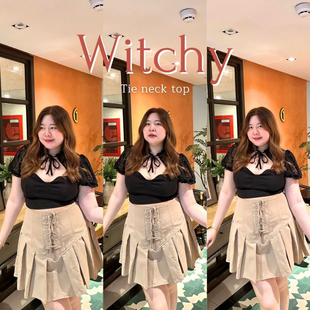 Witchy เสื้อครอปสาวอวบแต่งลูกไม้ช่วงบนแขนพองทรงสวยดีเทลผูกคอน่ารัก