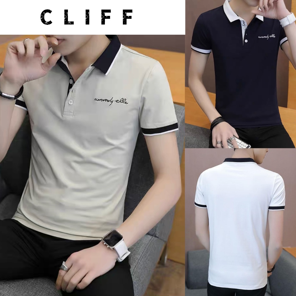 CLIFF ผู้ชาย POLO เสื้อแฟชั่นแฟชั่นแขนสั้นคอปกครึ่งแขนด้านบน การออกแบบการสะกดสีคลาสสิก
