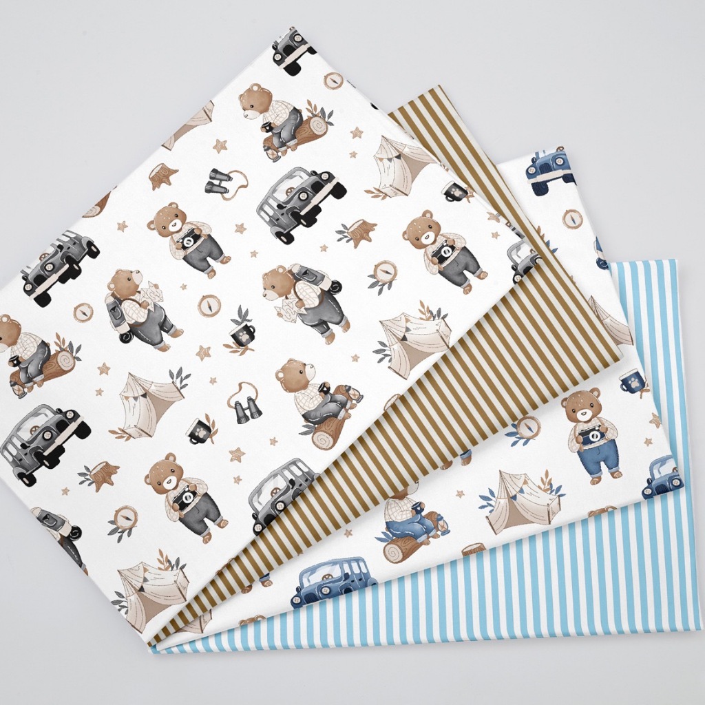 ผ้าาคอตตอน 100% คอตตอนทอทวิล ผ้าหน้ากว้าง 1.6 เมตร ลาย Blue bear travel  ลาย Brown bear travel