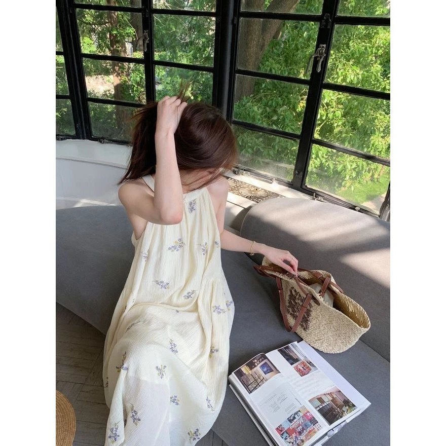🌼ชุดเดรส,🌼ลิลลี่หวานและอ่อนโยนสไตล์ป่าของชุดแขนกุดพิมพ์ลายดอกไม้หุบเขา(ไม่ใช่แบบปัก)
