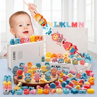 พร้อมส่ง 100Pcs ของเล่นเด็ก ของเล่นไม้ร้อยเชือก บล็อกไม้ร้อยเชือก ของเล่นเด็กเสริมพัฒนาการ