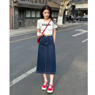GHAOHES กระโปรงยีนส์ ผญ /S-3XL/ เอวสูง ผ้าไม่ยืด ผ่าหลัง กระโปรงผู้หญิงสีเข้ม ทรงสวย พร้อมส่งค่ะ V76