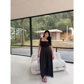CiCi Plus+(3298)เดรสยาวเรียบๆ ซิปข้าง ตกแต่งชายลูกไม้ เข้ารูป สวยแซ่บมีสไตล์