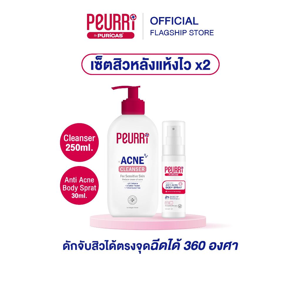 [เซ็ตสิวหลังแห้งไวx2]PEURRi By Puricas Acne Cleanser  250ml + Anti Acne Body Spray 30ml