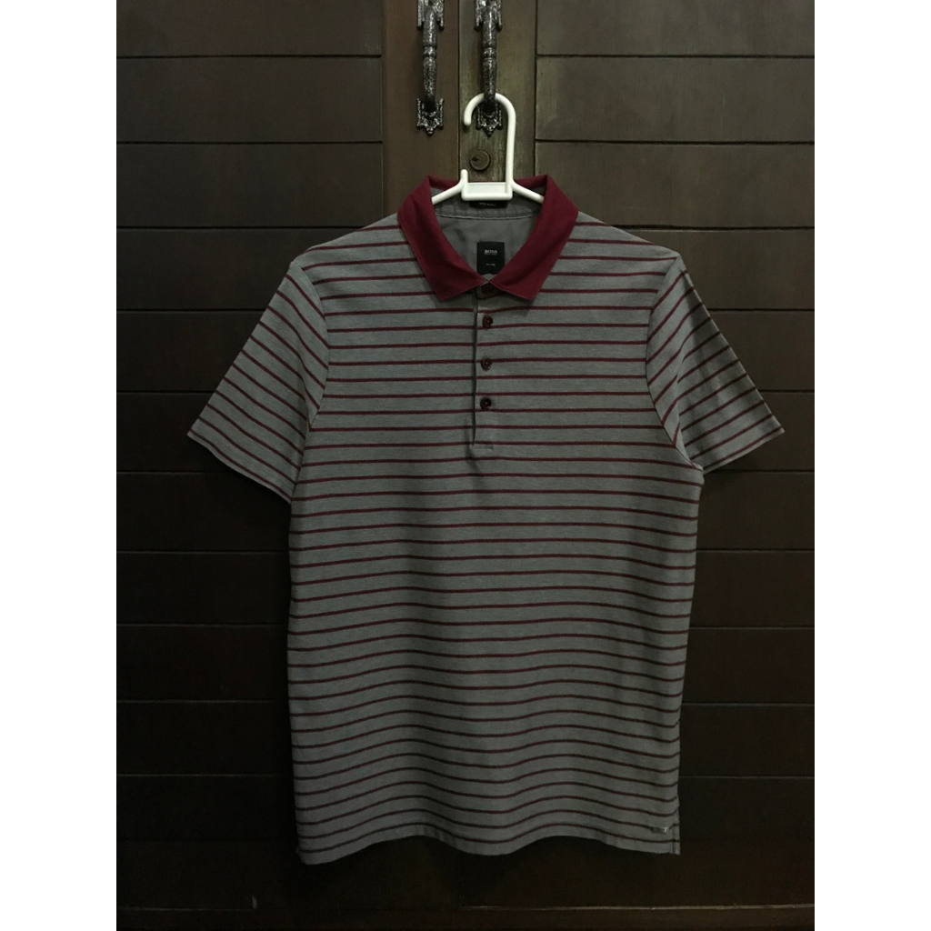 Hugo Boss Passenger Short Sleeve Grey Red Striped Polo M 10176159