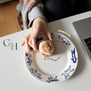 Goose Hours จานเซรามิค ลายการ์ตูนลูกแมวและลูกสุนัข Ceramic Puppy Kitten Plate