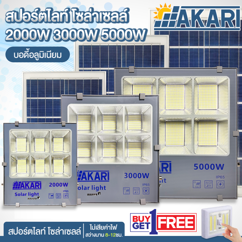 AKARI สปอร์ตไลท์โซล่าเซลล์ บอดี้อลูมิเนียม 2000W 3000W 5000W แสงขาว พลังงานแสงอาทิตย์ LED ประหยัดพลังงาน