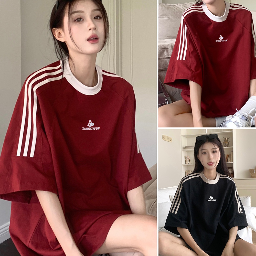 Beryl🌻เสื้อยืดแขนสั้นคอกลมสไตล์เรโทรอเมริกัน สไตล์หลวมและลำลอง