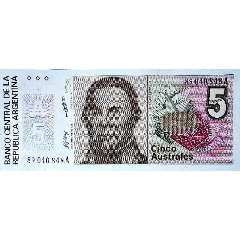แบงก์​อาร์เจน​ติ​นา​ Argentina, 5 Australes, (รุ่น​เก่า), B1301T, ไม่​ผ่าน​ใช้​ UNC