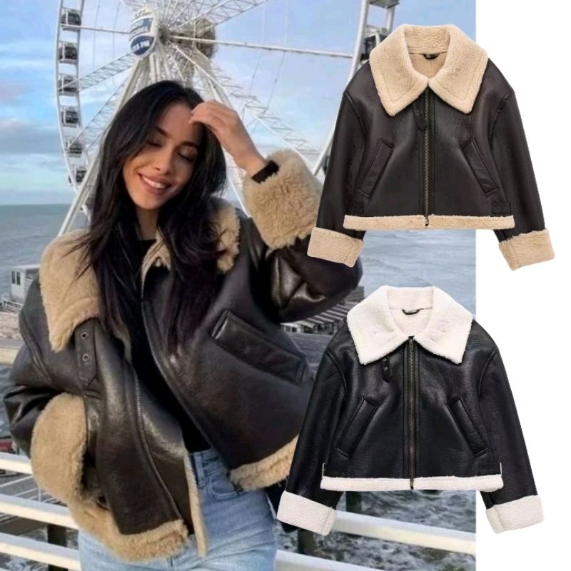 พร้อมส่ง 2สี เสื้อหนังบุขนแกะสีครีมกันหนาว *เริ่มต้นขนาดใหญ่ อ่านขนาดก่อนสั่งค่า* (T121)