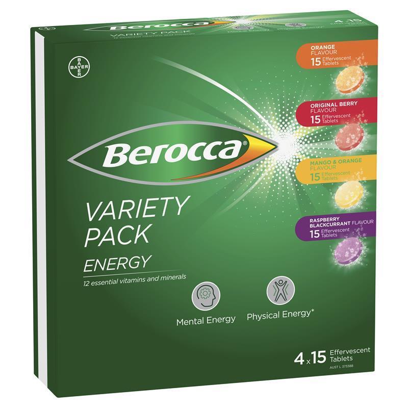 Berocca Energy Variety 60 Effervescent Tablets (4 x 15 Variety Pack) Exclusive Pack