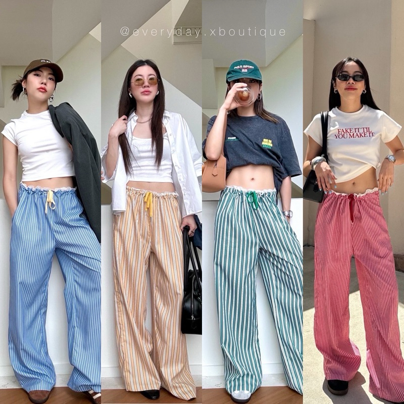 พร้อมส่ง Stripe x lace pant (390฿) สวยเก๋ต้องกางเกงตัวนี้เลยค่า กางเกงเอวผูกเชือกดีเทลขอบแต่งลูกไม้ ผ้าตอตตอล vibe