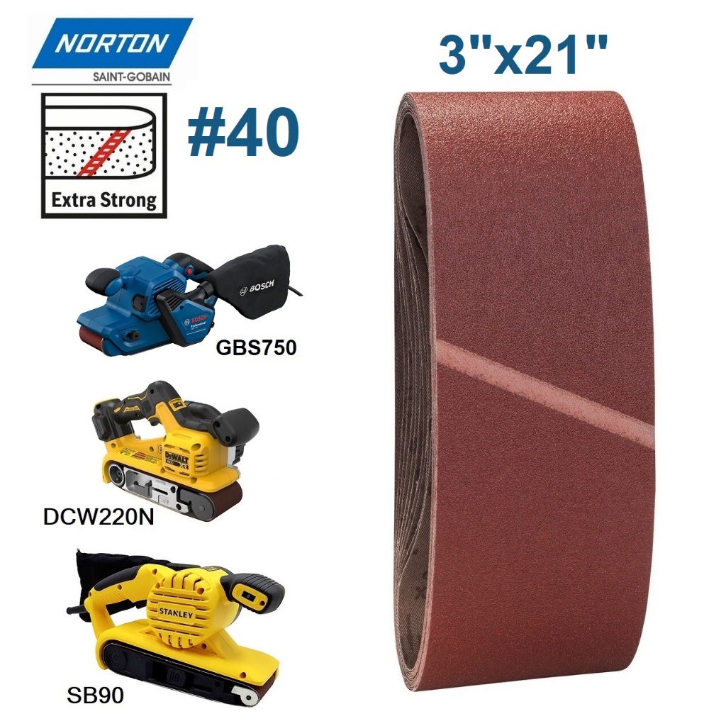 NORTON ผ้าทรายสายพาน รุ่น 3X21#40 ( ขายเป็นแผ่น ) ใช่งานกับนุ่น SB90 / DCW220N / GBS750 / 9403 ของแท
