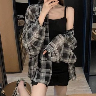 เสื้อกันแดด เสื้อเชิ้ต แขนยาว คอปก เบาบาง ลายสก๊อต oversize …