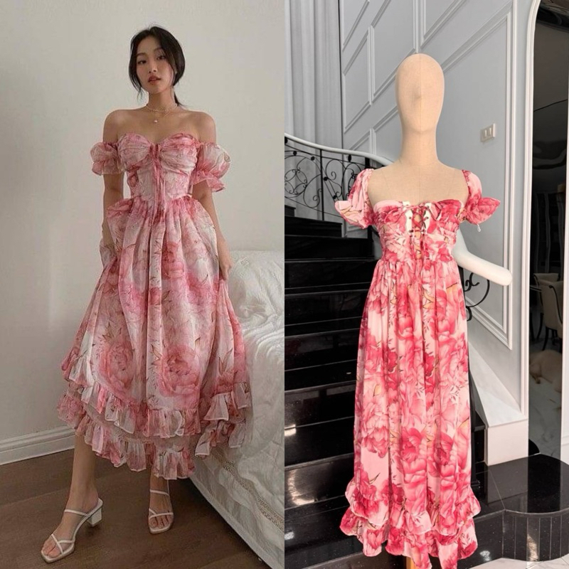 Teera พร้อมส่ง งานสวยมาก เดรสยาวชีฟองลายดอกไม้ ซิปหลัง + ยางยืด กระโปรงชีฟองแต่งระบาย หน้าอกร้อยเชือกผูกโบว์เอง
