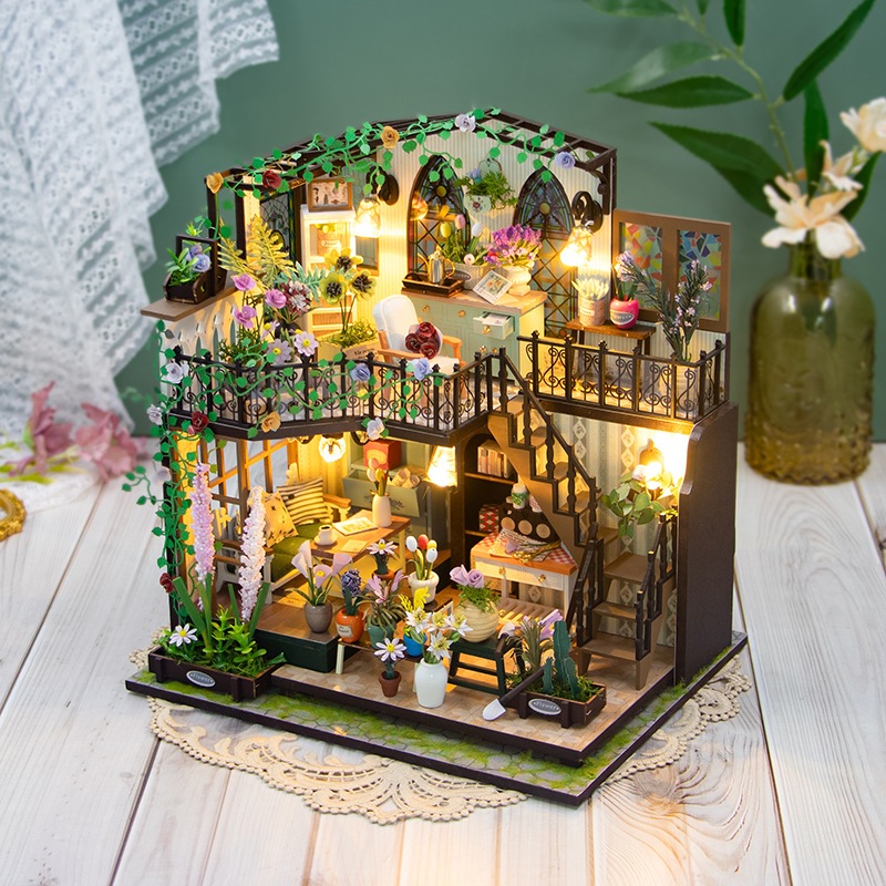 DIY Miniature รุ่นM2322 Garden House ห้องดอกไม้ดาร์ซี บ้านสวนดอกไม้2ชั้น Hongda บ้านตุ๊กตา