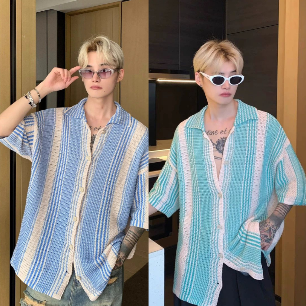 StylePop เสื้อโปโลแขนสั้น Over Size ผ้าถักลายตาข่าย ใส่สบาย ระบายอากาศดี Sea Blue Z521