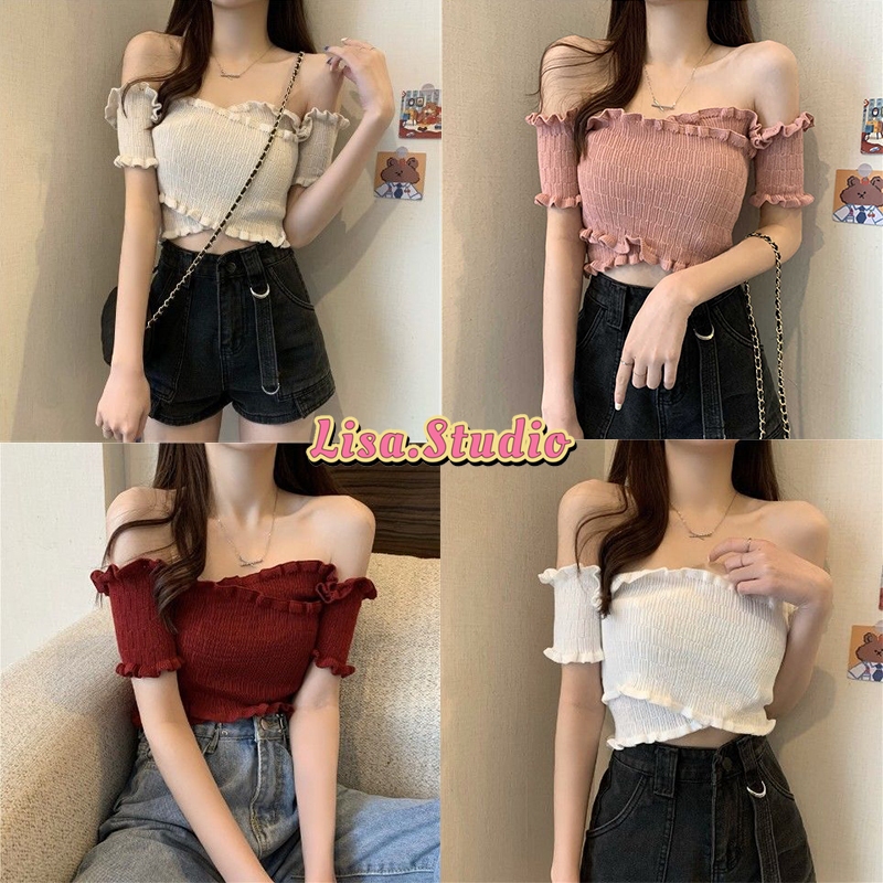 Lisa🌈พร้อมส่ง🦄เสื้อปาดไหล่ เสื้อเปิดไหล่ สม็อกไขว้หน้า งานสวยผ้า ใส่นุ่มสบายไม่คัน เสื้อไหมพรมปาดไหล่