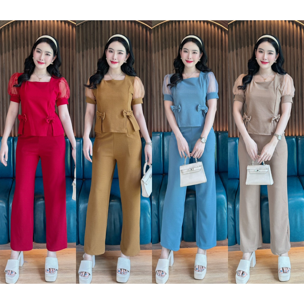 พร้อมส่ง ชุดเซตผ้าวูลเวฟ เสื้อแต่งแขนผ้าแก้วแต่งโบว์หน้า+กางเกง (ชั้น 3 ข้างบันได) A4178