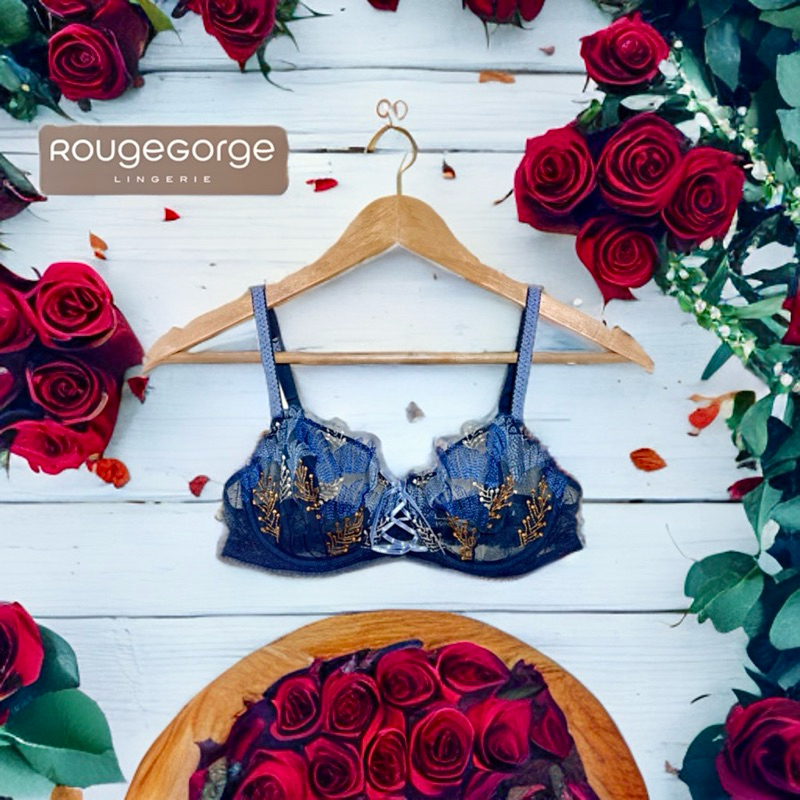 Rouge Gorge(รูจ จอร์จ)Braแบรนด์ดังฝรั่งเศสเสื้อชั้นในลูกไม้ซีทรูงานปักละเอียดสีน้ำเงินโบว์หน้าSexy ของใหม่ 75E 80E 85E