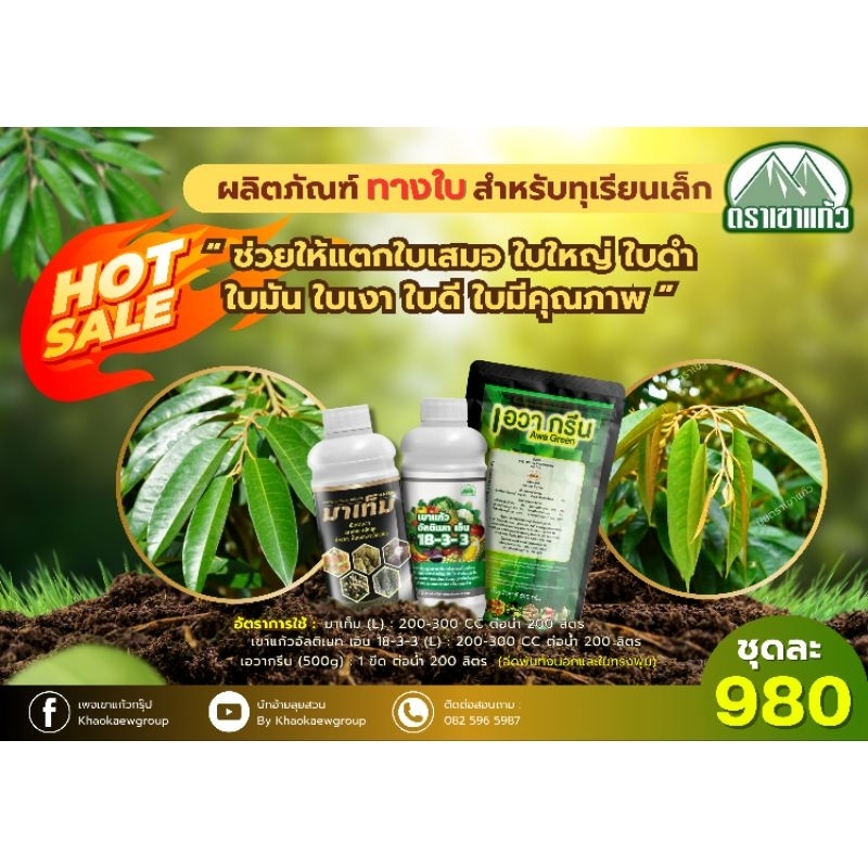 ชุดบำรุงทางใบสำหรับทุเรียนเล็ก เขาแก้วอัลติเมท 18-3-3(1L)+เอวากรีน(500g)+ มาเท็ม(1L)