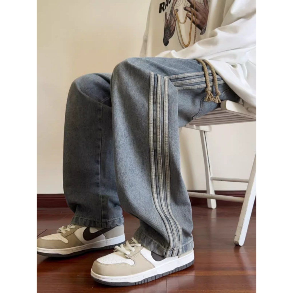 กางเกงยีนส์สีน้ำเงิน กางเกงฤดูใบไม้ผลิและฤดูใบไม้ร่วง ootd