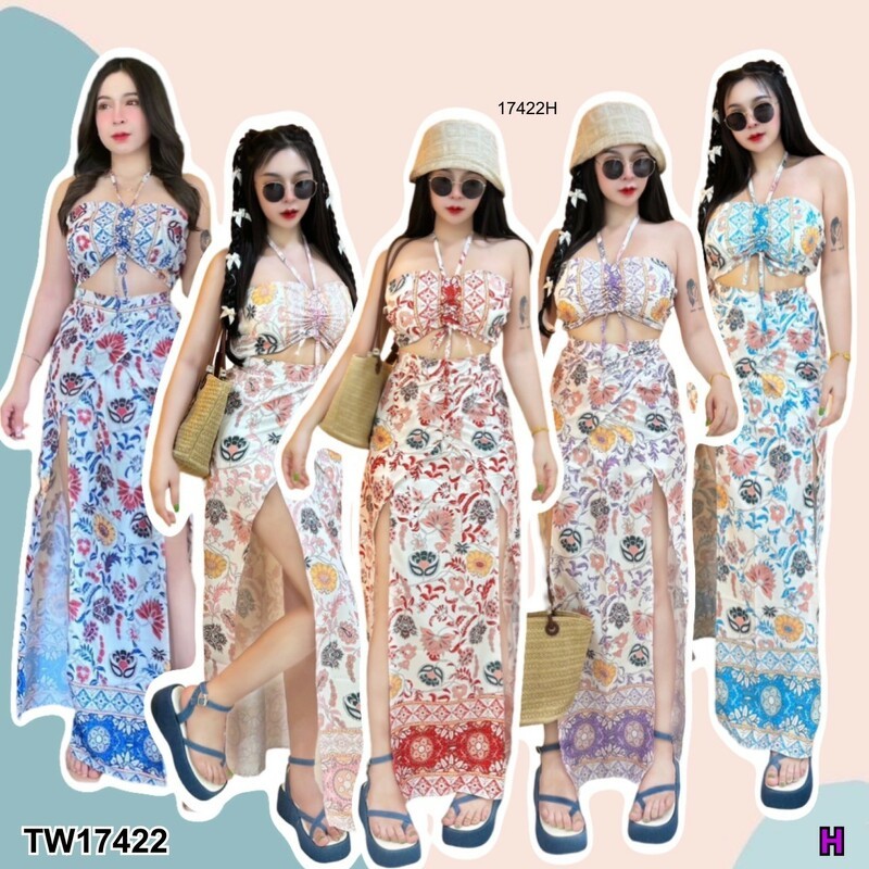 MF17422 Set 2 ชิ้น เสื้อเกาะอก สายคล้องคอ รูดอก ผ้าไหมอิตาลี่ พิมลายกราฟฟิก + กางเกงกระโปรงยาว ผ้าไหมอิตาลี่ พิมลายกราฟ