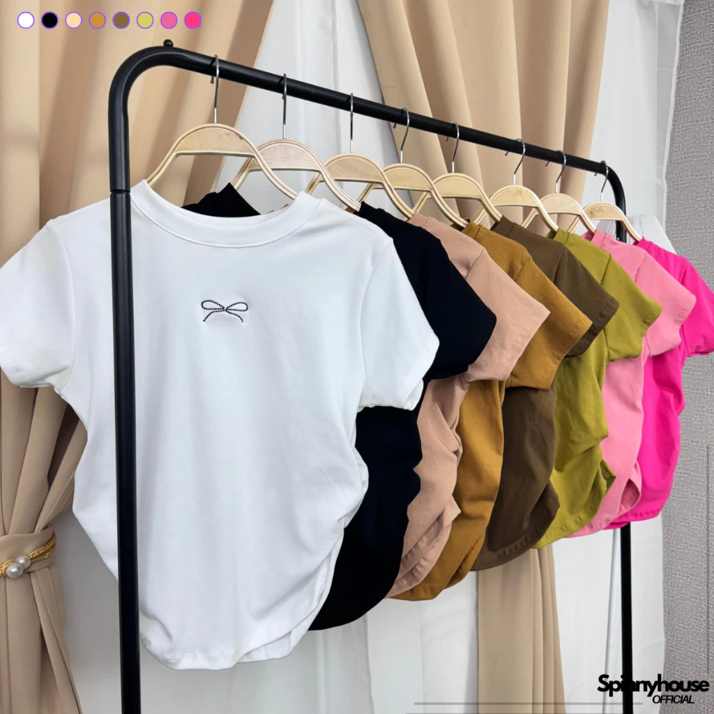 🌈SpinnyHouse🌈เสื้อครอปแต่งย่นข้าง ปักโบว์ช่วงอก BABY TEE 😻 ผ้ายูนิโคล่ยืดตามตัว รุ่น ตาแป๋ว B-010-3-A